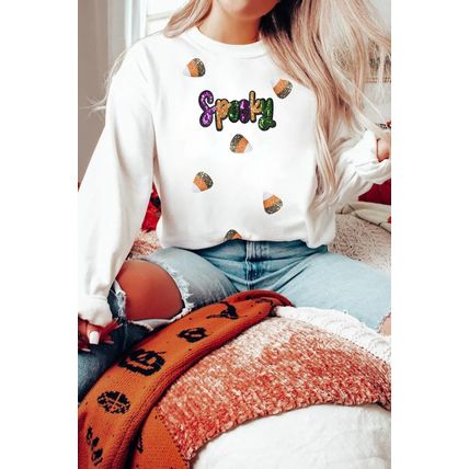White Sequin Spooky Halloween Spirit Print Casual Sweatshirt