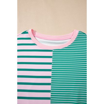 Green Stripe Mix Pattern Color Block Patchwork Side Slit Baggy Sweatshirt