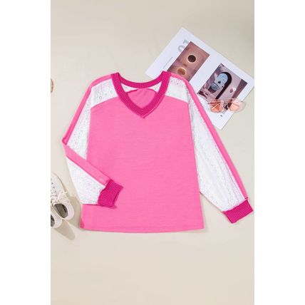 Bonbon Lace Striped Patchwork Long Sleeve Corded V Neck Plus Size Top