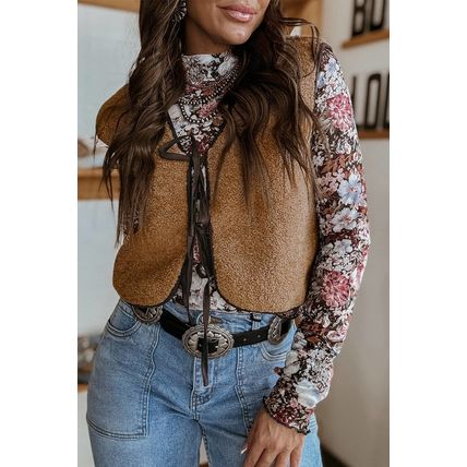 Light French Beige Contrast Trim Tie Front Sherpa Vest