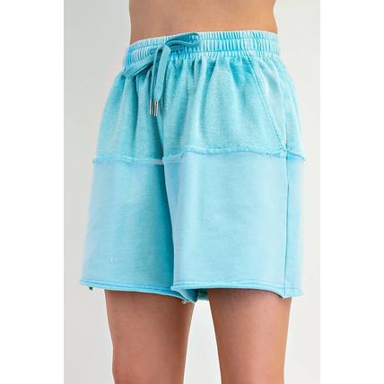 Aruba Blue Plus Size Solid Color Splicing Raw Hem Pullover Top Shorts Set