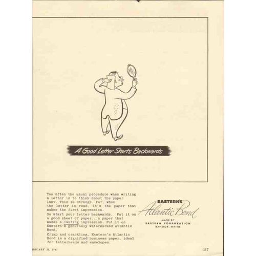 eastern corp 1947 good letter starts backwards bond paper vintage ad