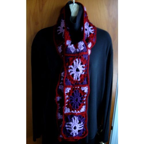 Handmade Crochet Washable Acrylic Scarf in red, lavender & violet, 68"