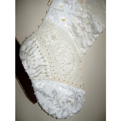 Creamy Off White Quilted, Beaded & Embroidered Ruffled Cuff Christmas Stocking