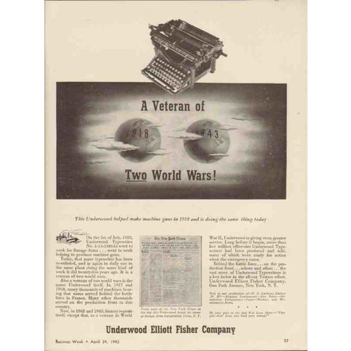 UNDERWOOD ELLIOTT FISHER CO 1943 veteran of two World Wars vintage ad