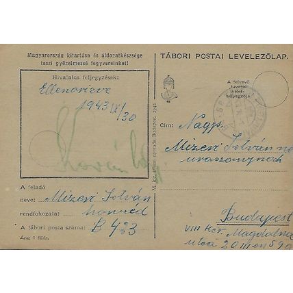 Fieldpost: Postcard (for military use): Tábori Postahivatal (30th Sept. 1943).