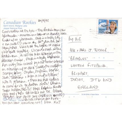 Maligne Lake Canada Postcard posted 1998 creased