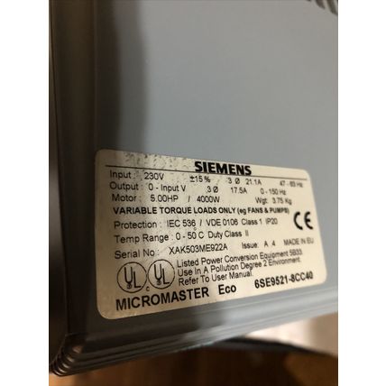 New SIEMENS 6SE9521-8CC40,DR AC 6SE95 230V 3PH 5HP 15.2A,6SE9-521-8CC40,FC