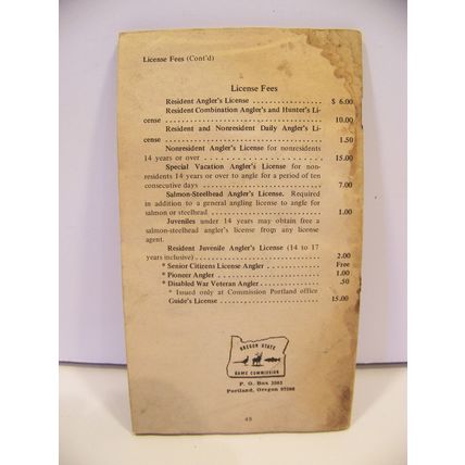 VINTAGE 1970 SYNOPSIS OF OREGON ANGLING REGULATIONS 3 3/4" X 6 1/2" FISHING