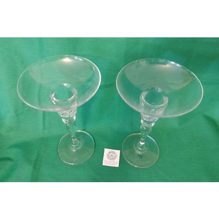 PAIR OF CLEAR GLASS CHAMPAGNE COUPE STYLE CANDLEHOLDERS w WHITE FLOWER DESIGN