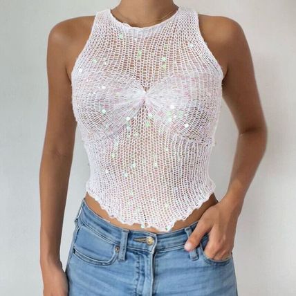 Women's T-shirt Sexy Fashion Openwork Crop Top Sleeveless Casual