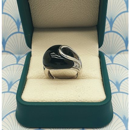 Vintage 925 Sterling Silver Unusual Modernist Design Chunky Onyx Statement Ring