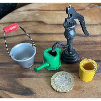 Buckets, Watering Can, & Water Pump for a Dollshouse Garden