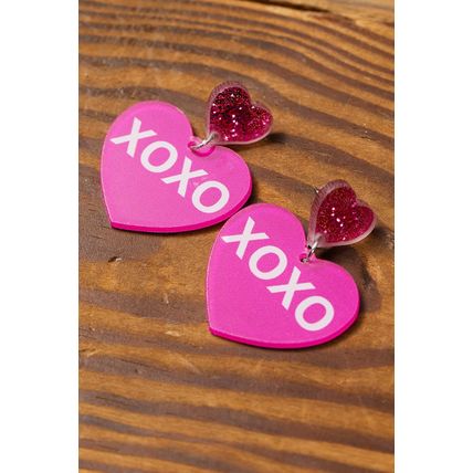 Rose Red Valentine XOXO Print Double Heart Shape Earrings