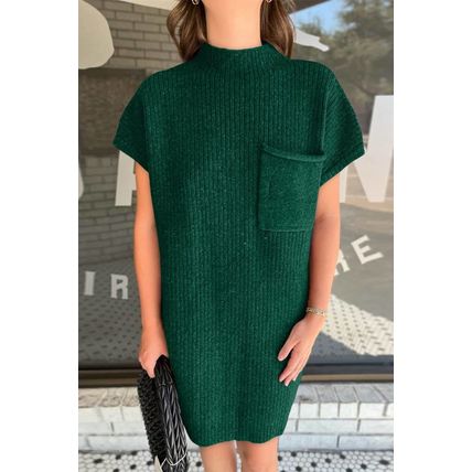 Blackish Green Patch Pocket Ribbed Knit Short Sleeve Sweater Dress