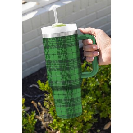 Dark Green Plaid Print Handle Stainless Vacuum Cup 1200ML