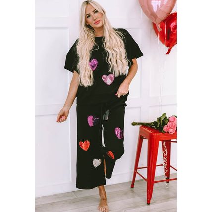 Black Sequin Heart Popping Graphic Textured 2pcs Outfit