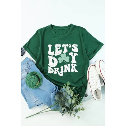 Green Lets Day Drink Clover Print Round Neck T Shirt