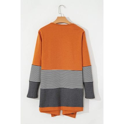 Orange Colorblock Striped Patchwork Open Cardigan