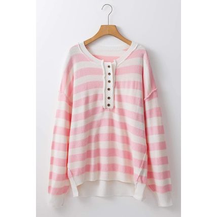 Pink Stripe Half Buttons Drop Shoulder Sweater