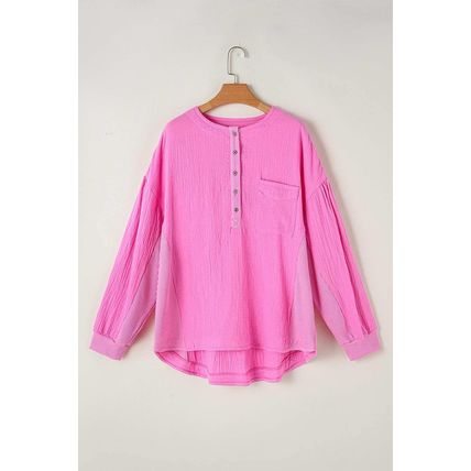 Bonbon Half Buttons Chest Pocket Drop Sleeve Plus Size Top