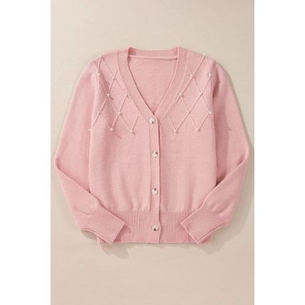 Sepia Rose Textured Knit Pearl Beaded Button Up Cardigan