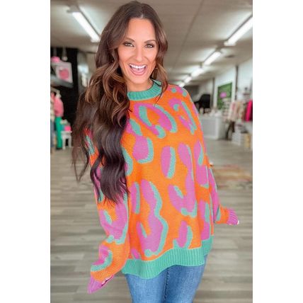 Orange Leopard Colorblock Ribbed Edge Sweater