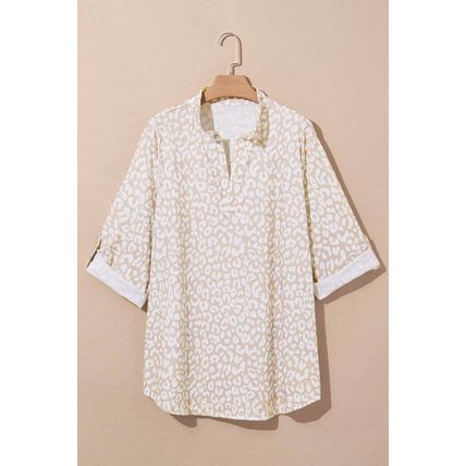 Apricot Leopard Tab Sleeve V Neck Plus Size Top