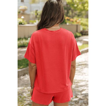 Orange Baseball Patched Twisted Rib T Shirt and Shorts Set