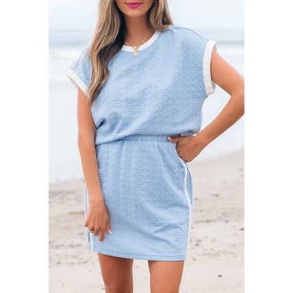 Beau Blue Contrast Trim Textured Crewneck Tee and Pocketed Skirt Set