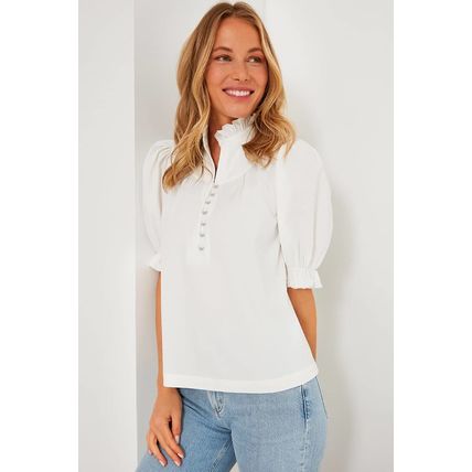 White Frilled Edge Half Button Stand Neck Bubble Sleeve Blouse