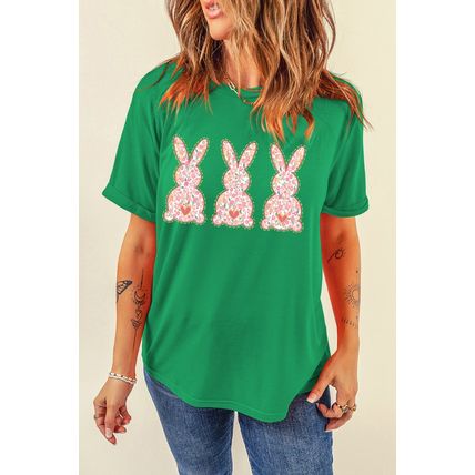 Bright Green Easter Floral Rabbit Print Crew Neck T Shirt