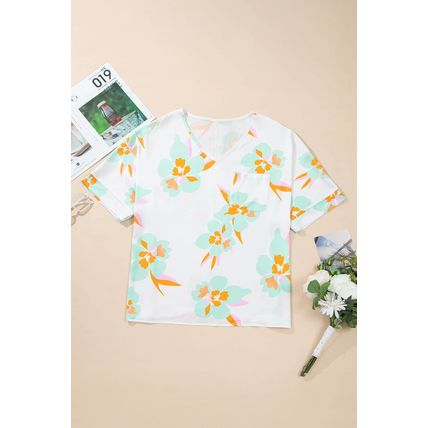 Green Floral Print Loose Fit V Neck Half Sleeve Blouse