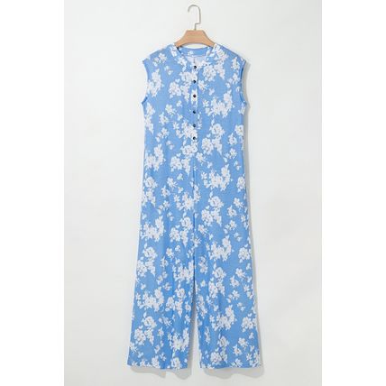 Myosotis Floral Print Half Button Wide Leg Relaxed Sleeveless Jumpsuit