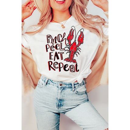 White Pinch Peel Eat Repeat Crawfish Print Crew Neck Tee
