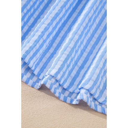 Sky Blue Striped Print Contrast Split Neck Dolman Sleeve Blouse