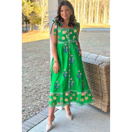 Green Floral Print Contrast Trim Knotted Straps Midi Dress