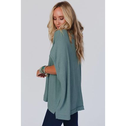 Moonlight Jade Oversized Ribbed Knit V Neck Dolman Short Sleeve Top