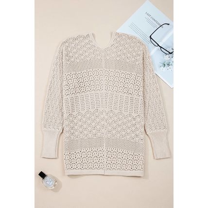 Jet Stream Mix Pattern Hollowed Knit Open Front Cardigan