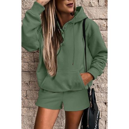 Mist Green Button Drawstring Hooded Pullover and Casual Short Set