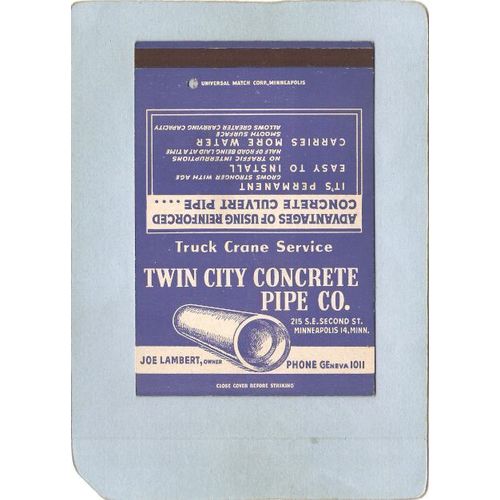 MN Minneapolis Matchcover Twin City Concrete Pipe Co 215 S E second St Pho~361