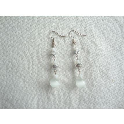 Handmade White Cats-Eye Glass Bead, Dangling Earrings. SP Hook Ear-Wires.
