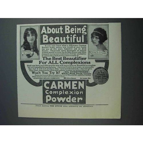 1915 Carmen Powder Ad - Marguerite Risser, Grace Cunard