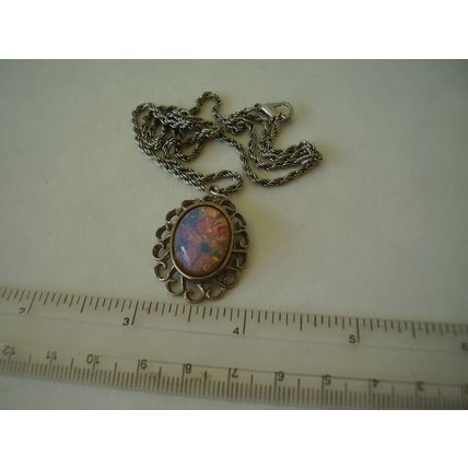 Vintage Necklace Dragon's Breath Fire Opal Art Glass Cabochon Foil Stone Pendant