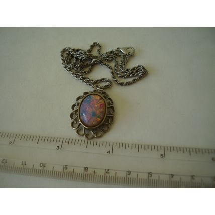 Necklace Dragon's Breath Fire Opal Art Glass Cabochon Foil Stone Vintage Pendant