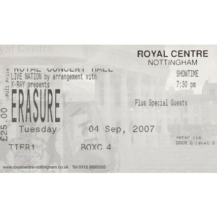 Erasure 2007 Nottingham Live Concert Ticket