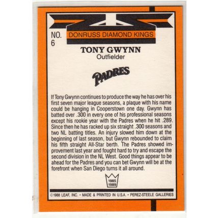 1989 Donruss Tony Gwynn Diamond Kings baseball card #6– HOF- Padres
