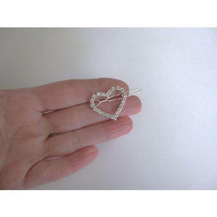 Extra small silver heart crystal hair pin clip barrette for fine thin hair