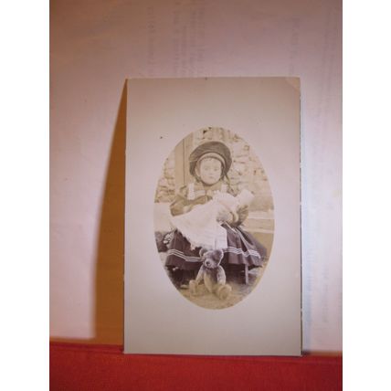 young girl with a dolly and teddy bear .unused antique postcard real photo =
