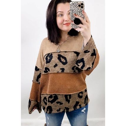 Leopard Colorblock Patchwork V-Neck Loose Sleeve Knit Top